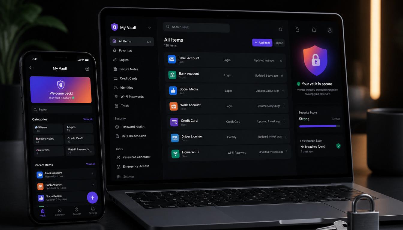 Password_manager_app_interface_on_phone_and_laptop_colorful_vault_with_lock