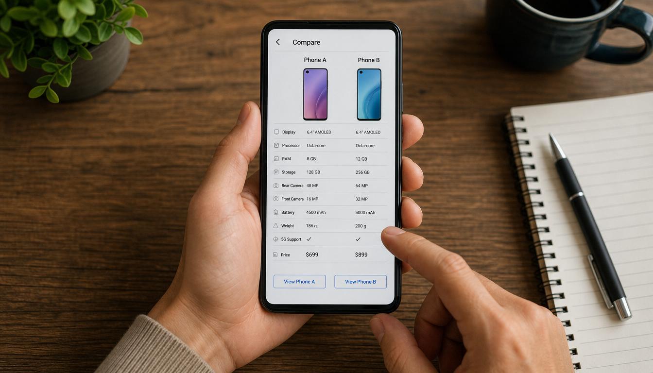 Person_holding_smartphone_showing_specs_comparison_screen_overhead_view_on_woode