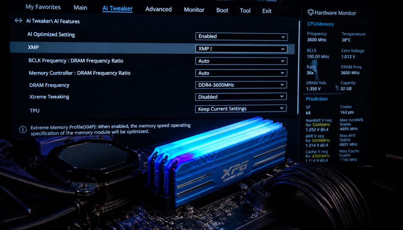 gpt-image-2_RAM_sticks_installed_in_motherboard_with_BIOS_screen_showing_XMP_settings_in_bac