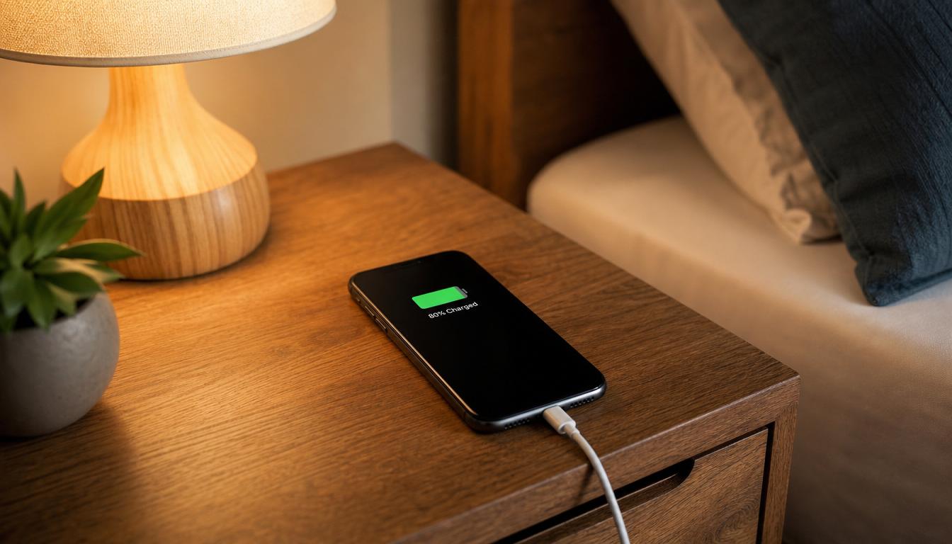 Smartphone_connected_to_charger_on_wooden_nightstand_battery_icon_showing_80