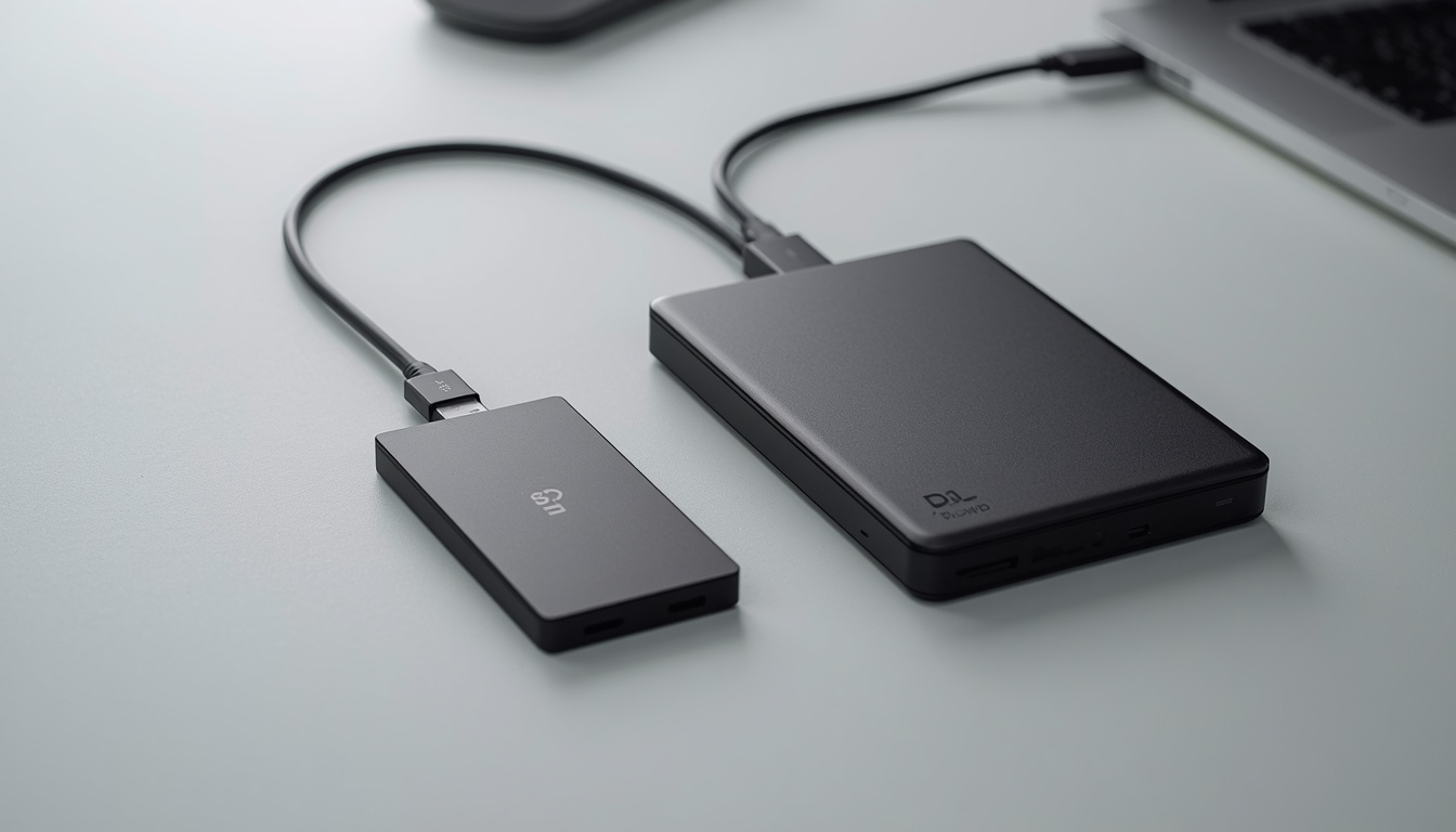 External_SSD_and_HDD_drives_on_desk_comparison_one_compact_portable_SSD