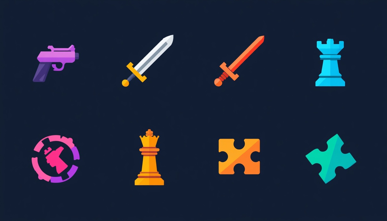 Flat_colorful_grid_illustration_of_game_genre_icons_-_FPS_gun_RPG_sword_strate