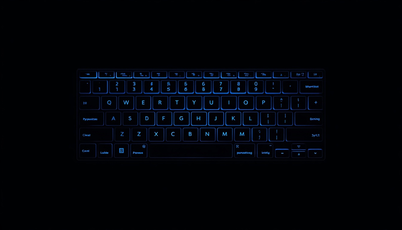 Flat_illustration_of_a_keyboard_with_highlighted_shortcut_keys_glowing_in_blue_c