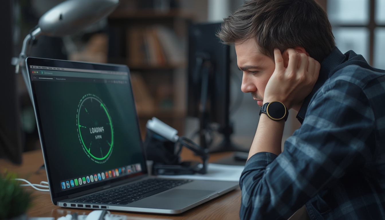 Frustrated_person_looking_at_slow_laptop_on_desk_loading_spinner_on_screen_home