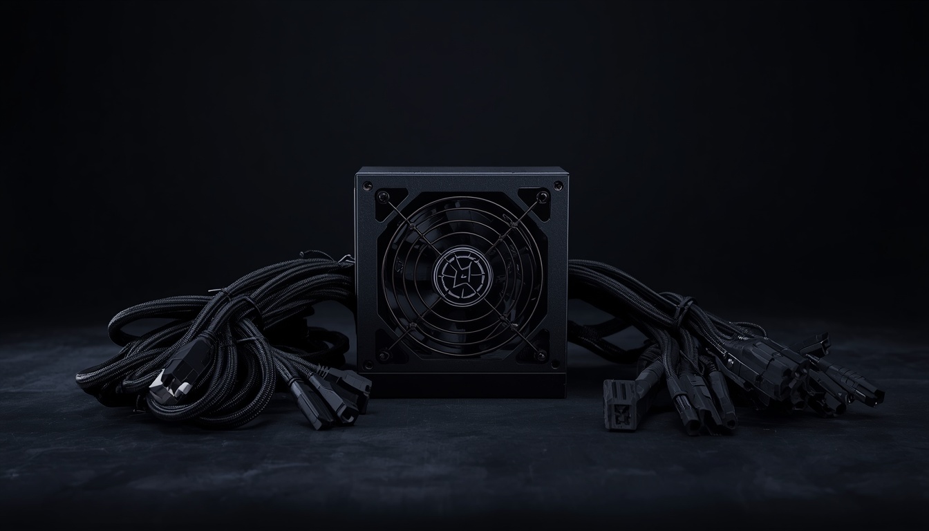 Modular_PC_power_supply_unit_on_dark_background_cables_neatly_arranged_studio_li