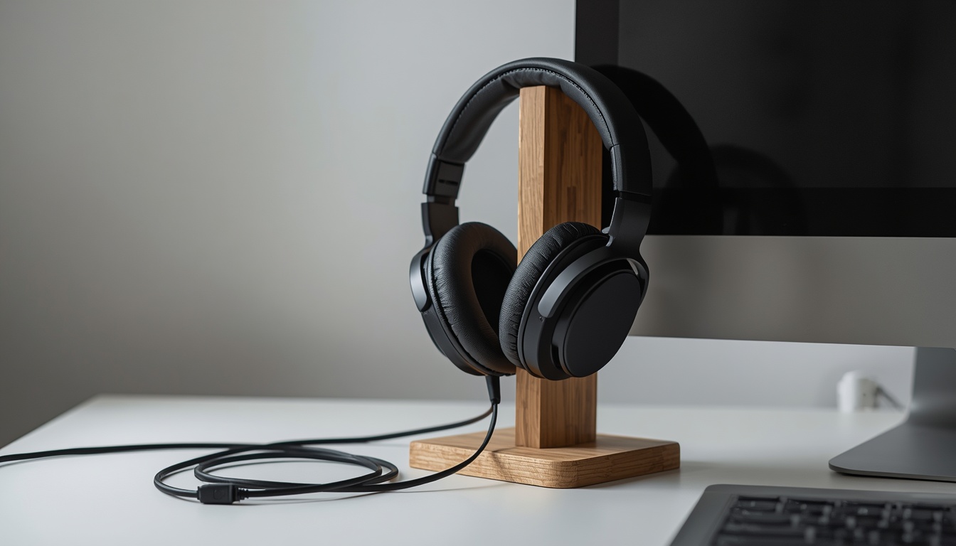 Over-ear_headphones_on_wooden_stand_next_to_computer_monitor_cable_neatly