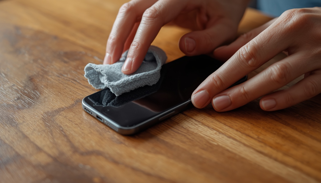 Smartphone_being_cleaned_with_microfiber_cloth_on_wooden_table_careful_hands_sof