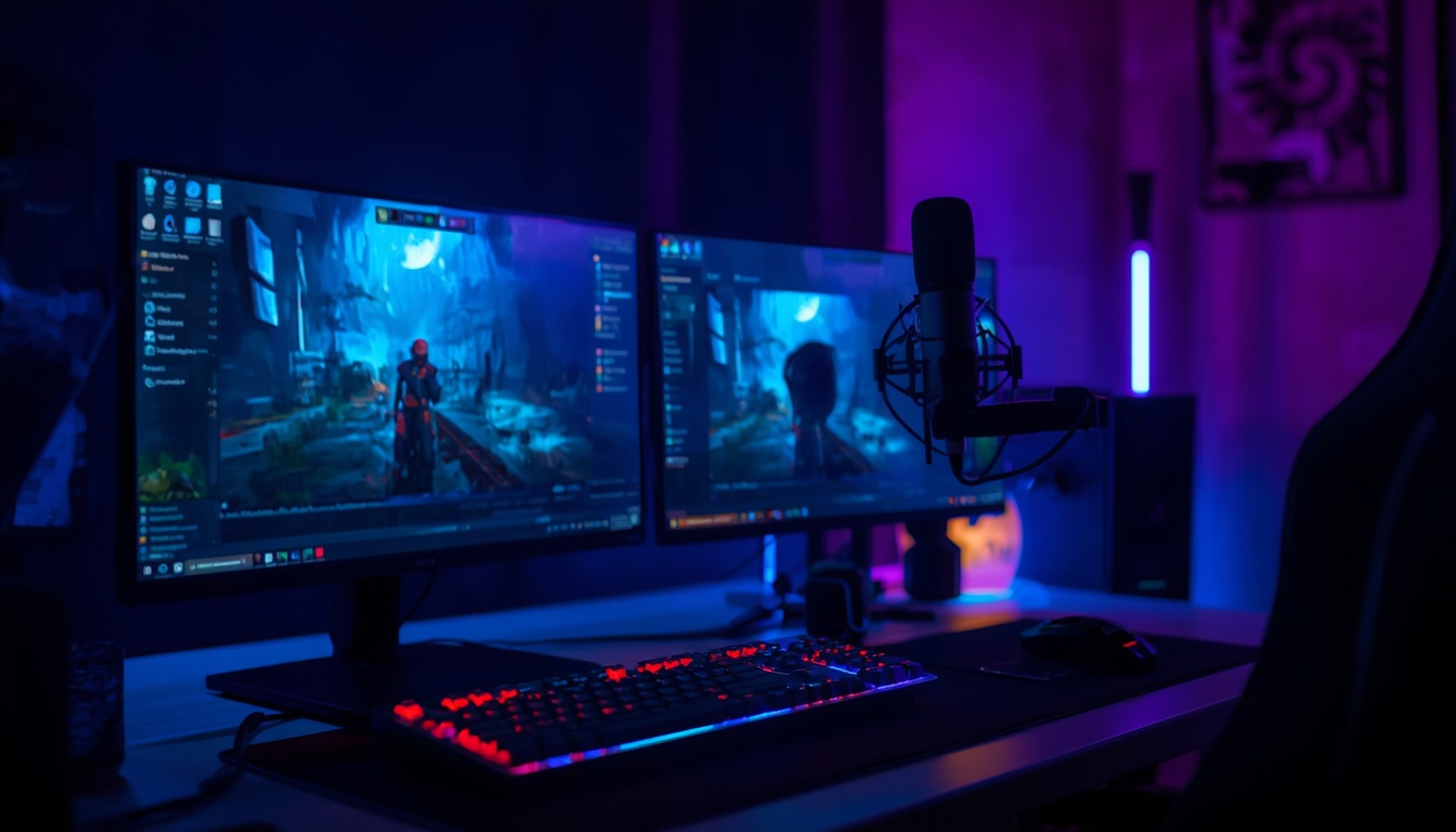 Streaming_setup_at_night_dual_monitor_showing_game_and_OBS_interface_webcam_moun