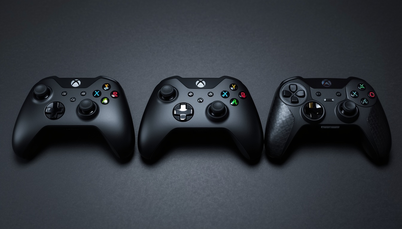 Three_gaming_controllers_displayed_on_dark_surface_Xbox_controller_PlayStation