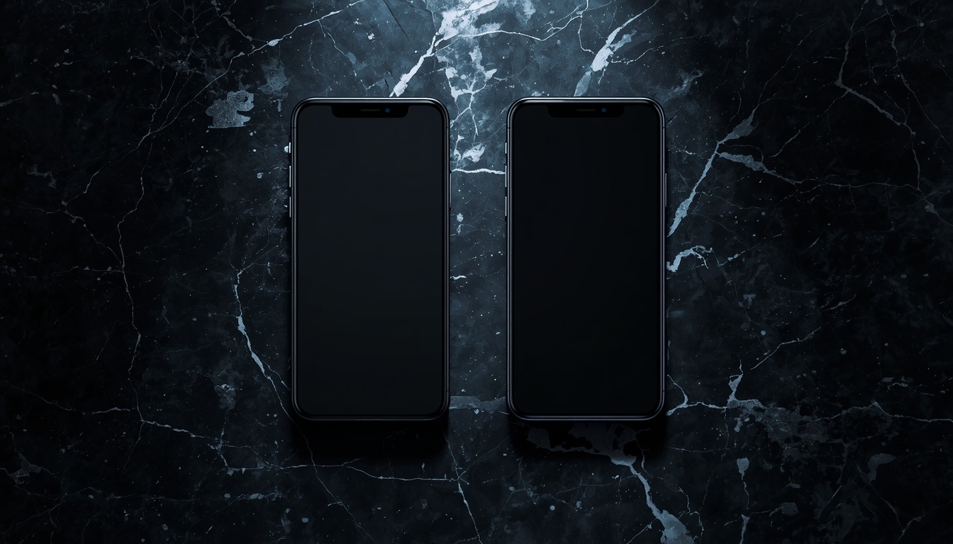 Two_smartphones_side_by_side_on_dark_marble_surface_one_with_iOS